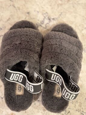 UGG Plush Shearling Slide Slippers in Charcoal Gray